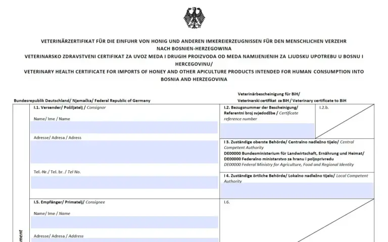 Veterinärbescheinigung Honigausfuhr